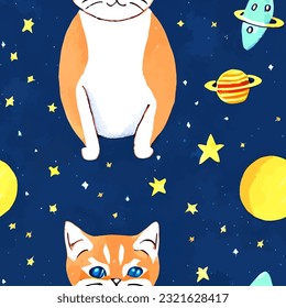nahtlose Muster-Raum Katze-Mode-Druck Hintergrund Kätzchen Textur-Galaxie-Bild süß-farbige endlose Wiederholung EPS Vektorgrafik
