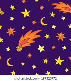 Seamless pattern with space, comet and stars. Cartoon background. Doodle vector illustration.