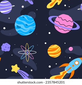 Patrón sin inconvenientes con el concepto de espacio. Elemento de diseño repetitivo para imprimir en tela. Galaxia y universo, planetas coloridos y rocas. Viajes y aventuras. Dibujo vectorial plano de dibujos animados