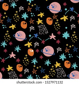 Seamless pattern of the Space, cosmos. flat hand drawn. Stars, planets, comets