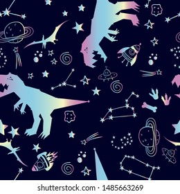 Seamless pattern with Space dinosaur. holographic background  with zodiacs dino. For print, textile, clothes, t shirt, child or wrapping  paper. Creative boys original design 