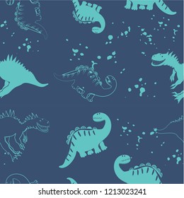 Seamless pattern of space dinosaurs. Silhouettes and figures of dinosaurs in the modern style of Doodle. For children's fashion. Vector illustration