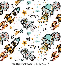 Seamless pattern with space doodle elements. Vector illustration.