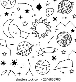 Seamless pattern of space doodle. Planets, stars, constellations, moon in sketch style. Solar system. Hand drawn vector illustration 