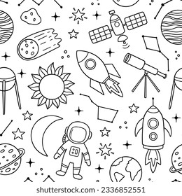 Seamless pattern of space doodle set. Cosmic rocket, planets, telescope, astronaut, moon, sun, astrology, constellations in sketch style. Hand drawn vector illustration isolated on white background