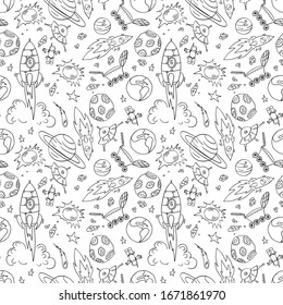 Seamless pattern with space doodles. Black outline elements on white background. Vector illustration.