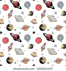 Seamless pattern with space elements. Space backgrounds. Hand drawn planets and stars.