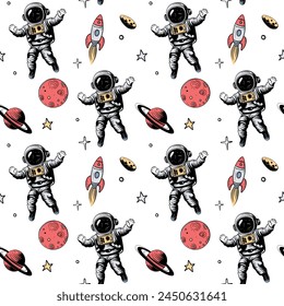 Seamless pattern with space elements. Space backgrounds. Hand drawn astronaut planets and stars.