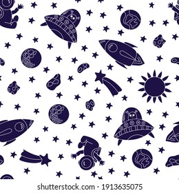 Seamless pattern with space elements. Blue background, white doodles. Cosmonautics Day. Hand-drawn. Vector illustration for children. It can be used to design textiles, clothing, notebooks.