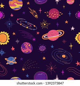 Seamless Pattern With Space Elements. Cartoon Style Wallpaper With Planets, Universe And Cosmic Star. Children's Background With Hand-drawn Galaxy Doodle Style. Vector.