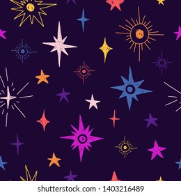 Seamless pattern with space elements. Cartoon style wallpaper with cosmic star. Children's background with hand-drawn galaxy. Vector.