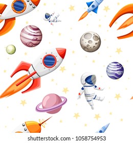 Seamless pattern of space elements. Children Seamless pattern with cartoon space rockets, planets, stars and cosmonaut. Vector illustration on white background. Web site page and mobile app design.