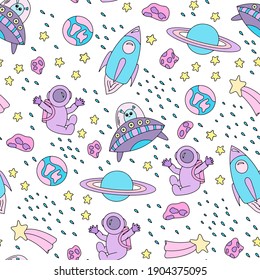 Seamless pattern with space elements. Doodle style. Hand-drawn. Vector illustration for children. It can be used to design textiles, clothing, notebooks, wrapping paper.