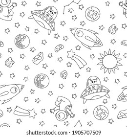 Seamless pattern with space elements. Doodle. Cosmonautics Day. Hand-drawn. Vector illustration for children. It can be used to design textiles, clothing, notebooks.