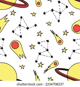 Seamless pattern with space elements on white background. Vector illustration.