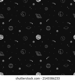 Seamless pattern with space elements. Planets and stars. Hand-drawn outline vector illustration.