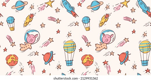 Seamless pattern with space elements rocket, planet, hot air balloon, star. Space set for a children's party. Pattern for children's pastel linen.