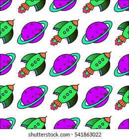 Seamless pattern with space elements, rockets and planets