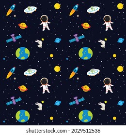 Seamless pattern with space elements, star. Creative nursery background. Perfect for kids design, fabric,  wrapping, wallpaper, textile. Vector background.