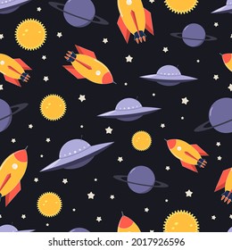 Seamless pattern with space flying object. Rocket, planet, ufo and stars at the open space vector texture. 