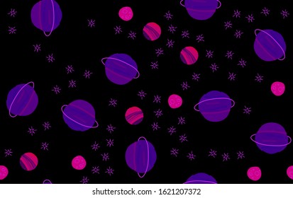 Seamless pattern with space graphic elements on dark background. Decorative galactic backdrop