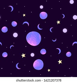 Seamless pattern with space graphic elements on dark background. Decorative galactic backdrop