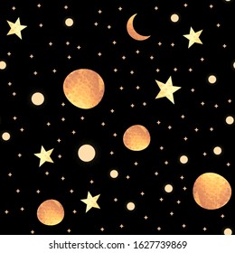 Seamless pattern with space graphic elements on dark background. Decorative galactic backdrop