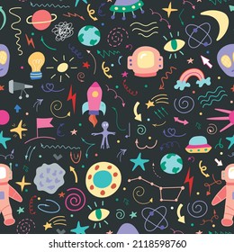 Seamless pattern of space icons and elements on a dark background. Space. Doodle. Vector illustration. Hand-drawn.
