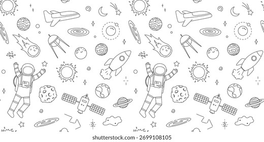 Padrão contínuo com arte de linha de espaço. Desenhar ilustrações desenhadas à mão, repetindo o pano de fundo infantil