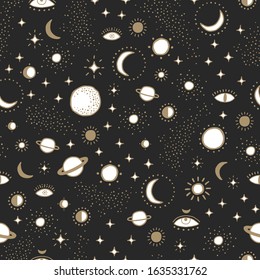 Seamless pattern with space, magic and boho elements. Creative luxary background. Perfect for fabric, wrapping, wallpaper, textile, apparel design. Black, gold and white background.