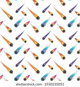 Seamless pattern with space meteors, comets and asteroids with fire trails 