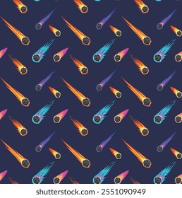 Seamless pattern with space meteors, comets and asteroids with fire trails 