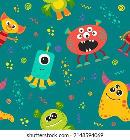seamless pattern with space monsters in cartoon style. vector illustration