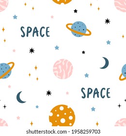 seamless pattern with space, moon, planets on white cosmic background, planets and stars in outer space, vector illustration