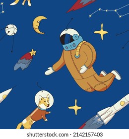 seamless pattern with space objects - cosmonaut, dog in a spacesuit, satellite, comet, moon, stars, constellations - illustration in cartoon style