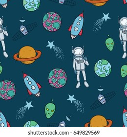 seamless pattern of space objects or elements with color and outline