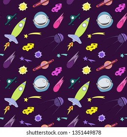 Seamless pattern with space objects, items and symbols. Vector doodle cartoon pattern background. Cute color template with rocket, ufo, asteroid, comet, star, spacesuit, sun, satellite. 