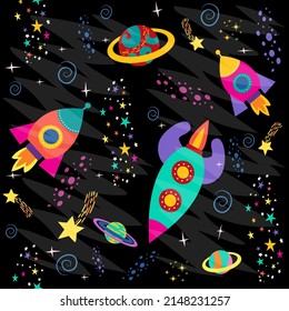 seamless pattern with space objects, planets, rockets, stars, comets, spaceships in cartoon style. vector illustration