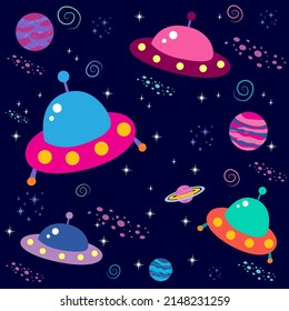 seamless pattern with space objects, planets, rockets, stars, comets, spaceships in cartoon style. vector illustration