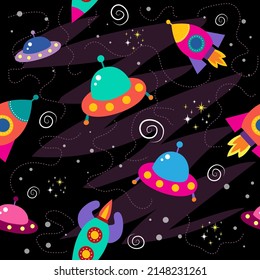 seamless pattern with space objects, planets, rockets, stars, comets, spaceships in cartoon style. vector illustration