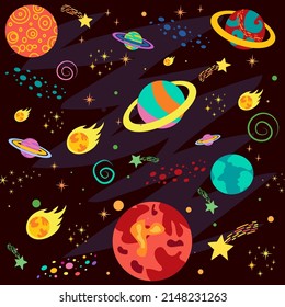 seamless pattern with space objects, planets, rockets, stars, comets, spaceships in cartoon style. vector illustration