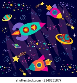 seamless pattern with space objects, planets, rockets, stars, comets, spaceships in cartoon style. vector illustration