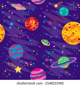 seamless pattern with space objects, planets, rockets, stars, comets, spaceships in cartoon style. vector illustration