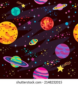 seamless pattern with space objects, planets, rockets, stars, comets, spaceships in cartoon style. vector illustration