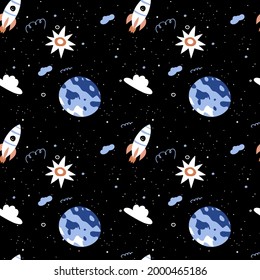 Seamless pattern with space objects, sky, planets, clouds, sun, stars, spaceship. Vector surface design on the cosmic theme. 