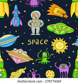 Seamless pattern with space objects: ufo, rockets, aliens. Hand-drawn elements in space theme 