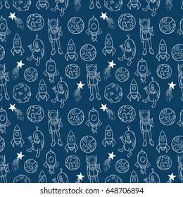 seamless pattern of space objects using hand drawing style on dark blue background
