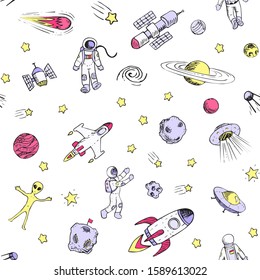 Seamless pattern with space objects. Vector colorful doodle space ships, rocket, planets, flying saucers, astronauts, stars, comets, ufo etc. Hand drawn style.