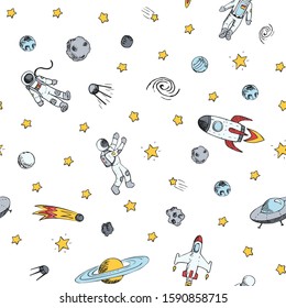 Seamless pattern with space objects. Vector colorful doodle space ships, rocket, planets, flying saucers, astronauts, stars, comets, ufo etc. Hand drawn style.
