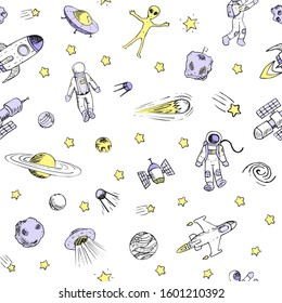Seamless pattern with space objects. Vector colorful doodle space ships, rocket, planets, flying saucers, astronauts, stars, comets, ufo etc. Hand drawn style.